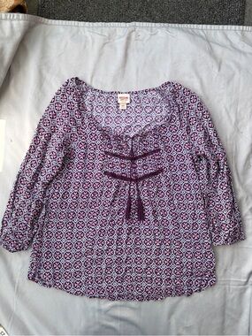 Mossimo Supply Co. Purple Printed Peasant Top with Tassel Tie